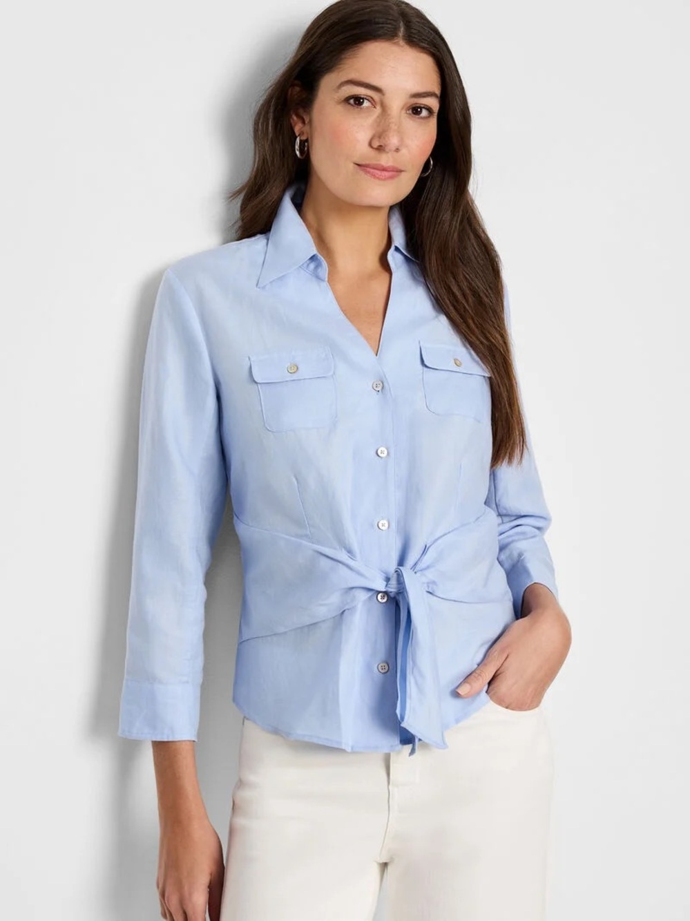 NIC+ZOE Iconic Tie Front Tencel Linen Shirt Powder Blue L